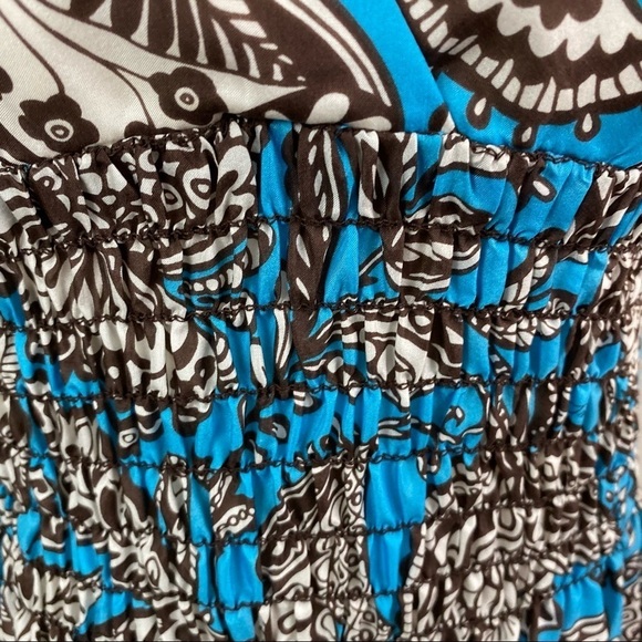 Trina Turk 100% Silk  Blue & Brown Print Dress Elastic Smocked Waist Size 8 - Picture 3 of 11
